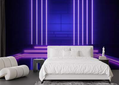 Blue purple digital hologram of podium  line vertical neon lamps abstract  futuristic Wall mural