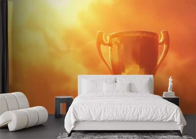 Champion golden trophy for winner sunlight yellow and orange tone background. Success and achievement concept and copy space Wall mural