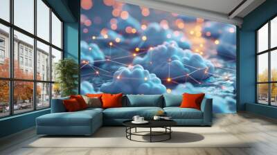 Cloud connection fiber optic computer cyberspace dot light internet technology concept. Wall mural