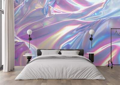 Colourful holographic gradient pastel wrinkled cloth fabric foil abstract retro futuristic background. Wall mural