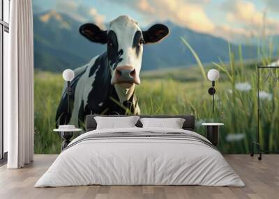 Cow in meadow mountain background Wall mural