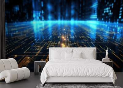 Floor circuit yellow blue light digital wall concept cyber tech database software system server science abstract. Wall mural