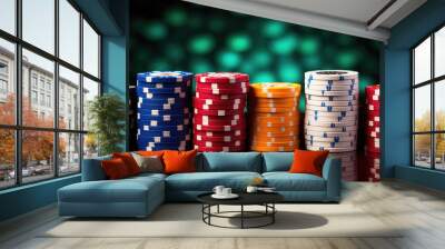 Gambling table chips on table lucky bet casino bokeh background Wall mural