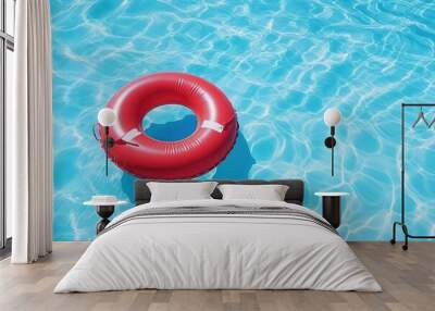 Red swimming pool ring float in blue water summer Wall mural