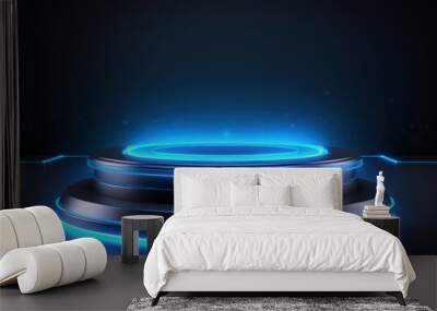 Round podium blue neon light futuristic platform sparkle tech cyber graphic for present product on dark background. Wall mural