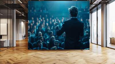 man in a suit giving a speach in a auditorio full of men with suits Wall mural