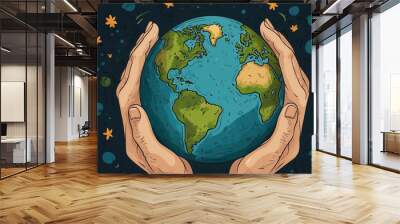 Illustration of two hands holding the planet Earth Wall mural