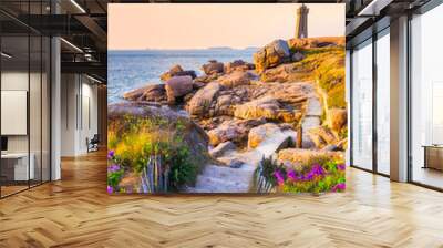 Lighthouse of Ploumanach at the golden hour in Perros-Guirec, Cotes d'Armor, Brittany, France Wall mural