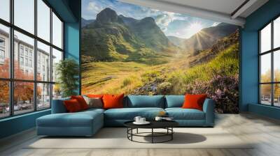 Valley view below the mountains of Glencoe, Lochaber, HIghlands, Scotland, UK Wall mural