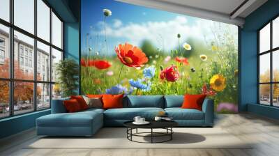 Colorful flower meadow in spring. Generative AI. Wall mural