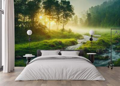 Forest creek in warm sunlight Wall mural