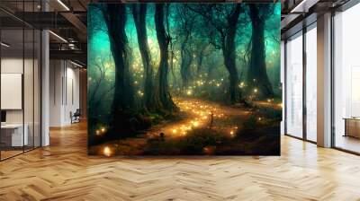 Gloomy fantasy forest scene at night with glowing lights Wall mural