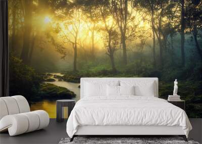 Green forest in sunlight with forest stream Wall mural