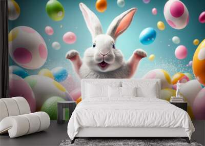 Happy Easter Bunny with many colorful easter eggs. Generative AI. Wall mural