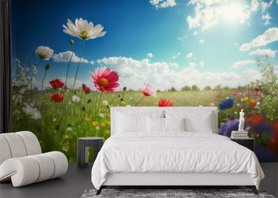 Illustration of a flower meadow in spring. Generative AI. Wall mural