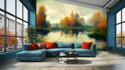 Impressionism art painting of an autumn landscape scene with colorful autumn trees and lake Wall mural