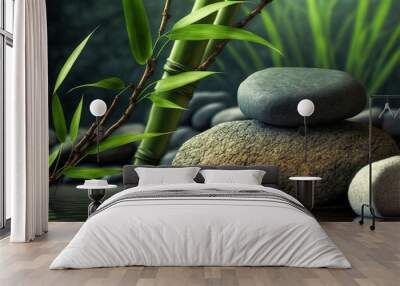 Relaxing wellness background with stones and bamboo. Generative AI. Wall mural