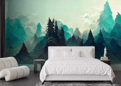 Wallpaper illustration of a green forest landscape Wall mural