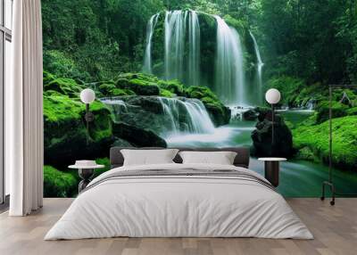 Waterfall landscape with rocks covered in green moss Wall mural