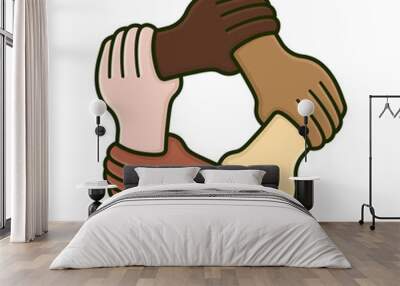 Five hands of different skin colors holding each others wrist isolated vector illustration for Multicultural Diversity Day on October 18 Wall mural