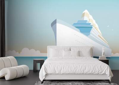 retro style white cruise ship on the ocean Wall mural