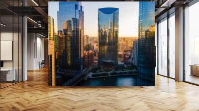 Chicago, IL USA September 1 2022: establishing aerial drone footage of Chicago downtown during sunset on a mid summer evening. the contemporary buildings are beautiful to watch for tourist   Wall mural