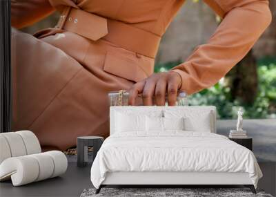 close up shop of a African american black woman hands holding a clear hand bag by a water fountain in Chicago.  she's wearing a fashionable brown trench coat. Wall mural