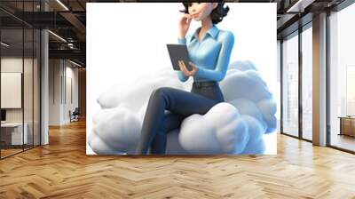 Businesswoman in white suit sitting on clouds.Success, animated 3D character. Wall mural