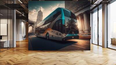 The future of electric autonomous bus transport. running on the city. generative AI digital illustration Wall mural