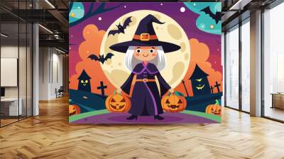 Halloween pumpkin witch night autumn cartoon moon holiday vector bat illustration cat spooky horror celebration october tree dark silhouette scary vampire black party hat card Wall mural