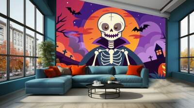 Skeleton Halloween cartoon vector illustration of a spooky ghost in the woods on a moonlit night Wall mural