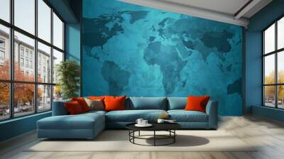 Grunge world map in beautiful gradient glow blue night tone. Abstract Futuristic vintage retro world background. Wall mural