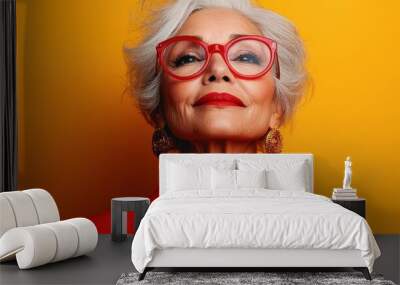 Confident senior woman with gray hair and bold glasses, showcasing vibrant personality against a bright yellow background. Wall mural