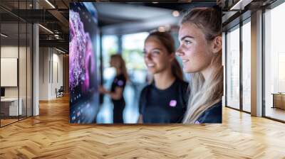 Engaging interaction two young women collaborate and explore digital marine life displays in a modern exhibition space Wall mural