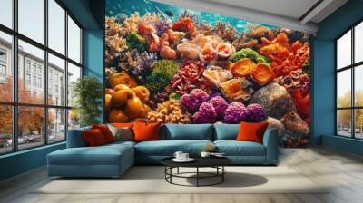 Vibrant coral reef underwater, showcasing an array of colorful corals, shells, and marine life, depicting the beauty of ocean ecosystems. Wall mural