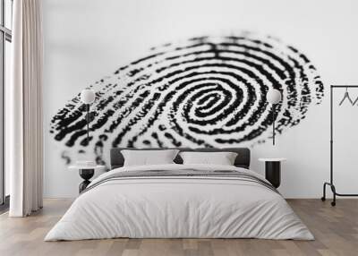 A close-up of a black fingerprint on a white background, emphasizing identity and securit Wall mural