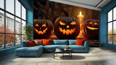 A creepy Halloween illustration featuring a menacing jack-o'-lantern with a glowing face against a dark background, capturing the eerie and spooky essence of Halloween Wall mural