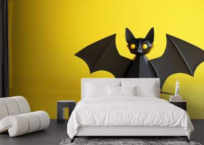 A playful Halloween-themed design featuring a cute 3D cartoon black paper-cut bat against a bright yellow background, conveying a fun and festive mood Wall mural