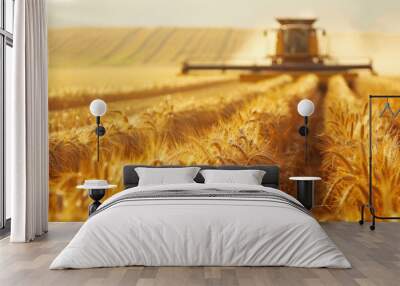 A rich autumn scene of harvested crops with a combine harvester working in the fields, highlighting the abundance of harvest and the agricultural process Wall mural