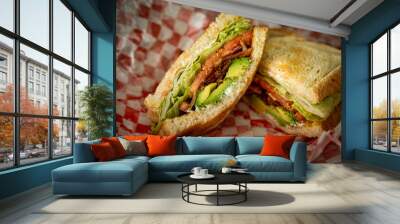 Bacon Lettuce Tomato Avocado sandwhich served diner style on red and white checkered paper Wall mural