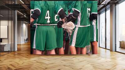 Close upof a group of unidentifiable lacrosse players dressed in green uniforms in a huddle Wall mural