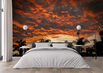 Silhouette of palm trees and roofs against dramatic orange clouds Wall mural