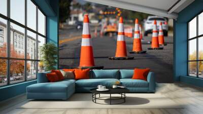 Traffic cones on road with electronic arrow pointing to the right to divert traffic and white car in distance Wall mural