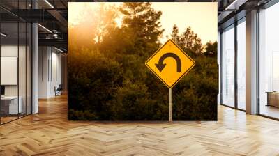 Traffic sign in yellow and black for a hairpin turn Wall mural