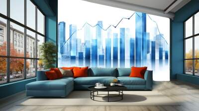 Blue Financial Stock Market Background with City Building and Graph Bar Chart - Business Growth Concept on White Wall mural