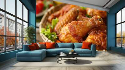 Close-up of a crispy fried chicken drumstick showcasing delicious food in a savory setting Wall mural