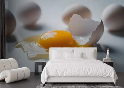 Cracked egg with yolk spilling out surrounded by empty eggshells, symbolizing food safety recall on clean white surface Wall mural