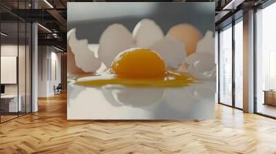 Cracked egg with yolk spilling out surrounded by empty eggshells, symbolizing food safety recall on clean white surface Wall mural