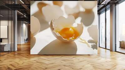 Cracked egg with yolk spilling out surrounded by empty eggshells, symbolizing food safety recall on clean white surface Wall mural