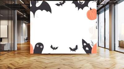 Decorative Halloween frame featuring playful bats, cheerful pumpkins, and spooky ghosts, designed in a minimalist vector style on a clean white background perfect for text overlay Wall mural